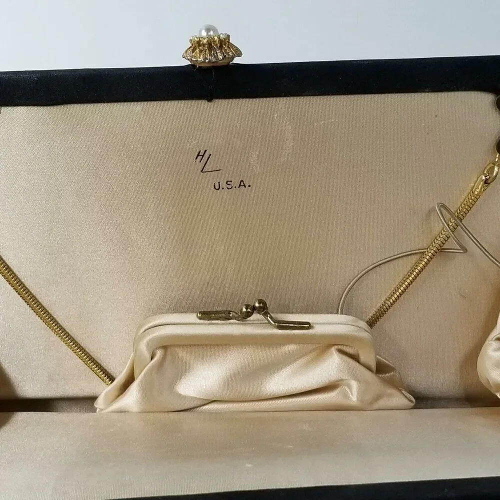 Vintage 60s Purse Black Clutch Kiss Lock Gold Pearl Rhinestone Coin Purse